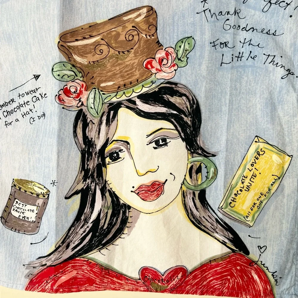 VTG Julia Junkin La Dolce Vita Textile Art Tea Towel Chocolate Lover Cake Hat